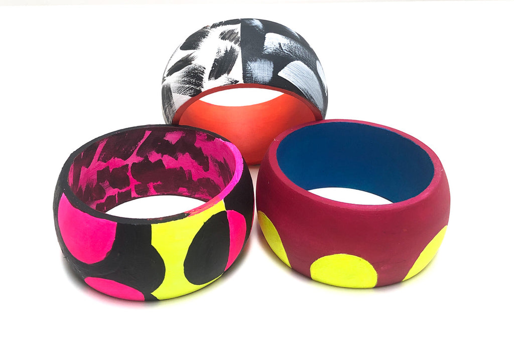 Painted Wooden Bangle  - Magenta with neon half rounded shapes